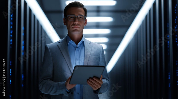 Fototapeta Professional IT Engineer Holding Tablet and Performing System Update in Modern Data Center with Futuristic Technology, Digital Security and Advanced Network Infrastructure