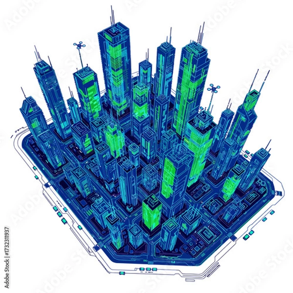 Obraz Isometric view of a futuristic city with skyscrapers and detailed architecture.