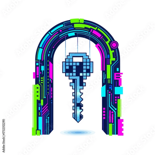 Fototapeta Digital archway with circuit board patterns and a pixelated key hanging in the center, symbolizing access and technology.