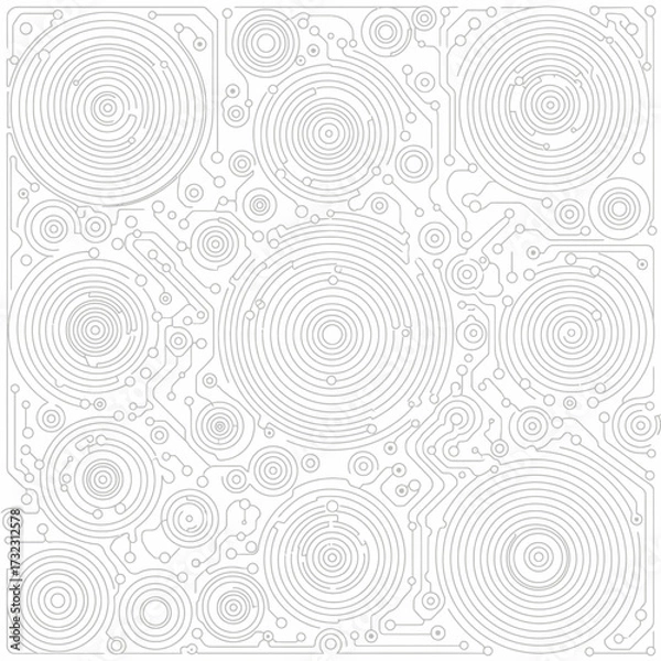 Fototapeta Abstract circuit board pattern with numerous concentric circles and connecting lines in light gray on a white background, representing digital technology.