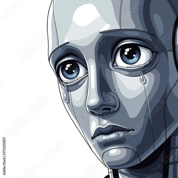 Obraz Close-up of a crying robot with blue eyes and tears streaming down its face.
