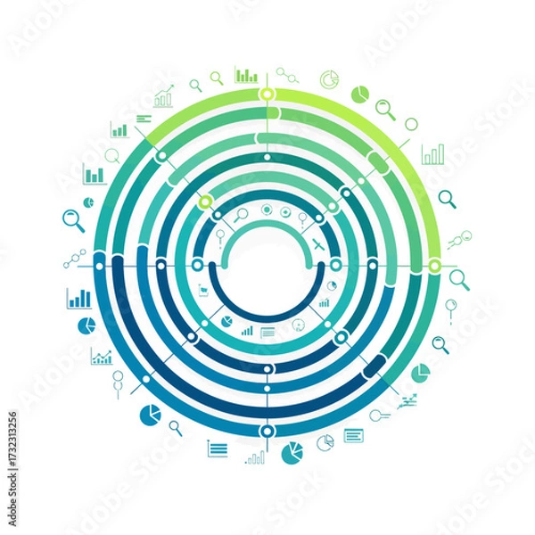 Fototapeta Circular infographic with concentric rings and icons representing data analysis, business growth, and research.