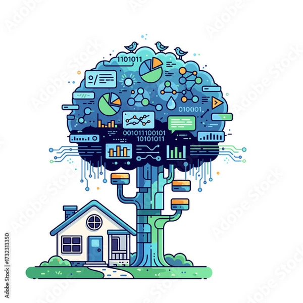 Fototapeta A stylized tree of data and technology grows from a house, symbolizing smart home integration and digital connectivity.