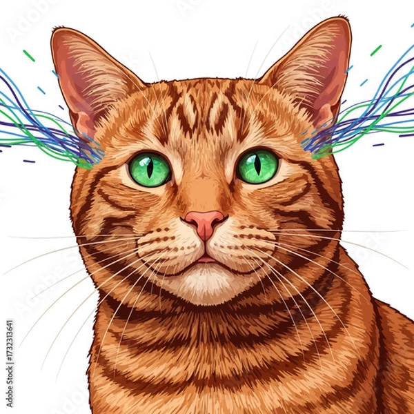 Fototapeta A close-up illustration of an orange tabby cat with bright green eyes, with colorful wavy lines emanating from its ears.