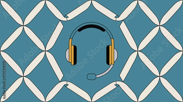 Obraz A headset with microphone centered on a blue background with a white abstract pattern overlaying it