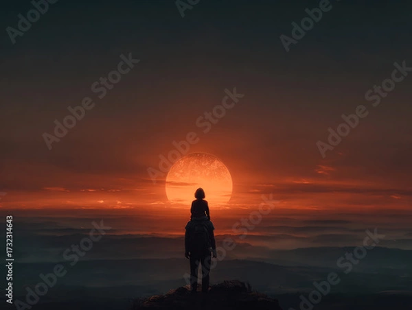 Fototapeta Silhouetted parent carrying child on shoulders watches a glowing sunset from a mountain peak, surrounded by soft clouds and peaceful sky.
