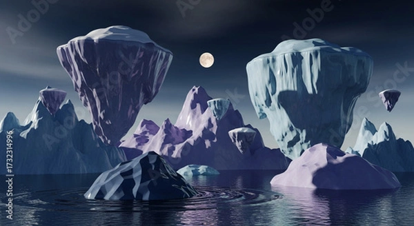 Fototapeta Cinematic 3D Scene of Reflective Icebergs Beneath a Glowing Moon
