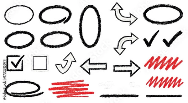 Obraz Crayon pencil hand drawn various oval, chalked arrows, check marks. Vector doodle marker drawing. Hand drawn charcoal symbols for diagrams. Freehand grunge red strikethrough and underline elements 
