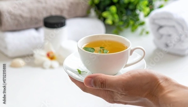 Fototapeta A wellness concept scene of a man in a spa robe holding a cup of tea, with towels and skincare nearby.
