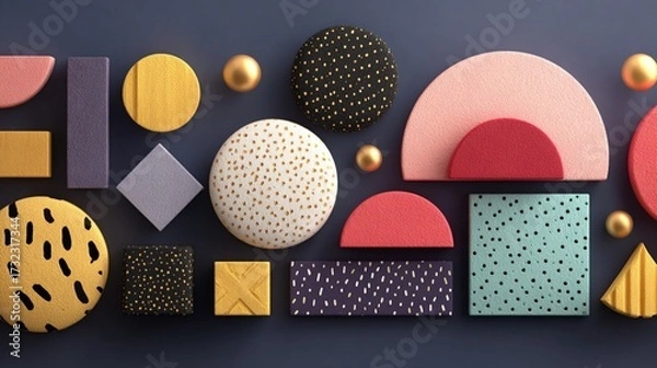 Fototapeta 3D Textured Geometric Shapes Composition: Pastel Pink, Yellow, Teal, and Vibrant Hues with Gold Spheres, Speckled Patterns, and Matte Surfaces for Modern Graphic Design and Decorative Elements