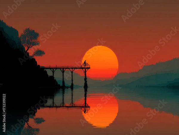 Fototapeta Cyclist crosses a wooden bridge during a vivid sunset, with a perfect reflection over still water and serene mountain landscape.
