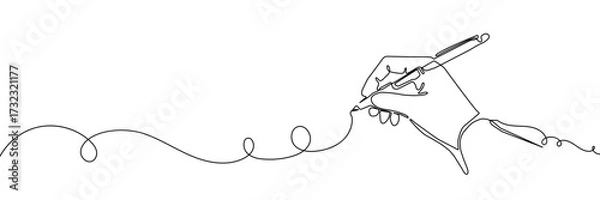 Fototapeta Continuous one line pen hand pencil write one art icon book journal sketch. Sign line pen hand vector signature letter notebook person background contract document single legal white school paper