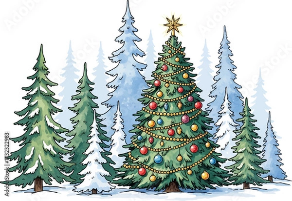 Obraz Decorated Christmas Tree with Ornaments Surrounded by Snowy Pine Forest Vector Illustration on White Background