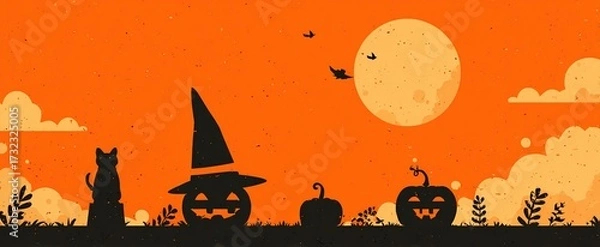 Obraz Halloween Flat Illustration, Modern Vector Scene with Stacked Pumpkins, Witch Hat, Sitting Black Cat and Flying Bats on Orange Gradient Background, Holiday Social Media Post, Web Graphic, Poster Desig