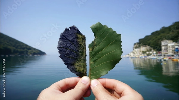 Fototapeta Hands hold contrasting leaves over calm water, showcasing nature's beauty by the lakeside Generative AI