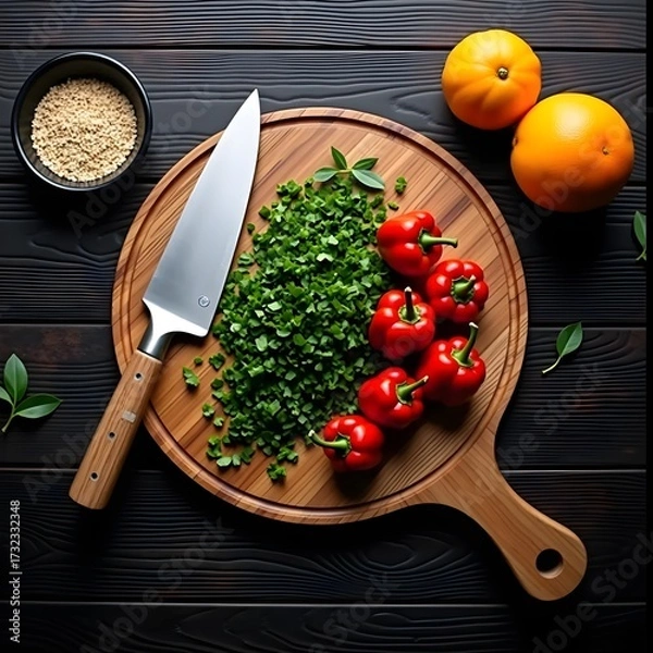 Fototapeta A cutting board with tomatoes, herbs, oranges, and a knife