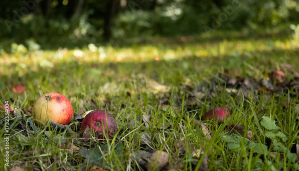 Fototapeta Close up of small ripe apples on the ground