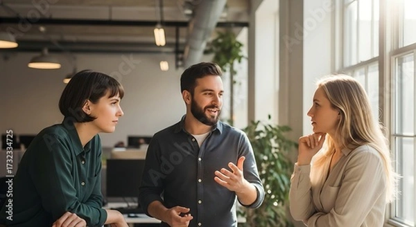 Fototapeta Diverse colleagues collaborating and discussing business ideas in a modern office setting near a window
