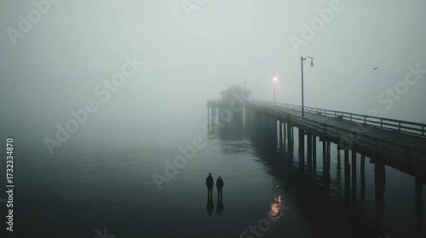 Fototapeta Two people standing near a foggy pier with dim lighting, creating a moody and atmospheric scene of mystery, silence, and solitude.
