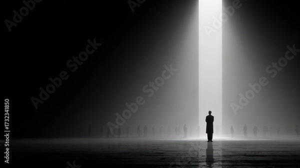 Fototapeta Lone man standing under a dramatic beam of light in a dark space, symbolizing isolation, identity, decision, and existential reflection.
