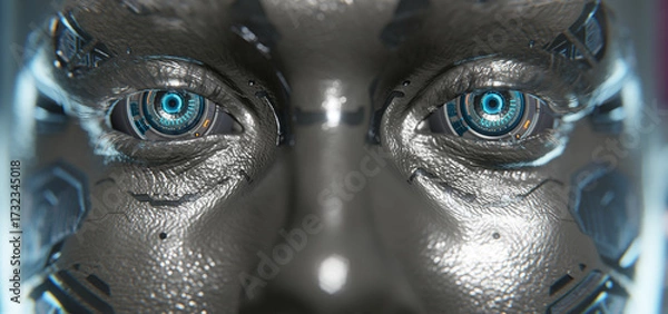 Fototapeta A futuristic humanoid robot with metallic skin and embedded circuits stands still with eyes closed, moments before awakening. The image captures a blend of humanity and advanced technology.