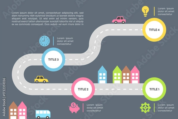 Fototapeta Curved Roadmap Infographic with Four Steps and Urban City Vector