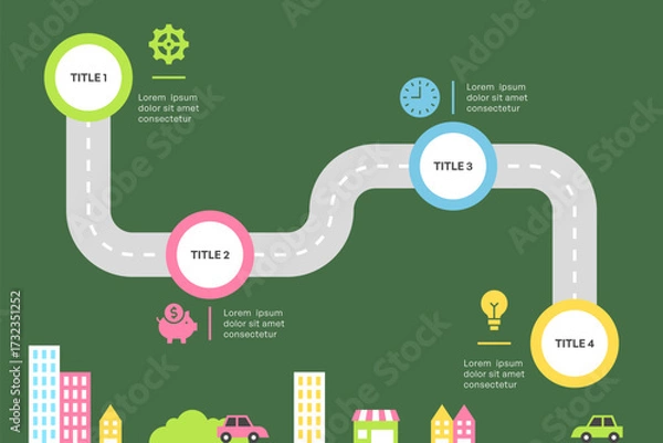 Fototapeta Roadmap Infographic with Four Steps and Cityscape
