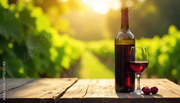 Fototapeta A single bottle of red wine rests on a rustic wooden table, bathed in soft sunlight  Perfect for wine labels, websites, or blog posts about wine tasting and vineyard life ,  vintage, wine