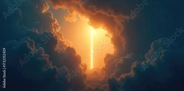 Fototapeta A single, bright light beam cuts through dark, stormy clouds, symbolizing hope and deliverance The light offers a sense of peace and spiritual awakening amidst the chaos , redemption, glow, escape