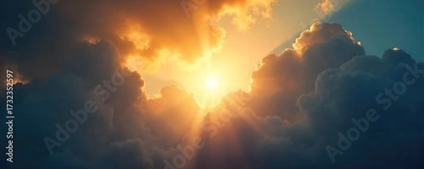 Fototapeta A single, bright light shines through dark clouds, symbolizing hope and deliverance Perfect for religious, spiritual, or inspirational themes , heaven, spirit, tranquility