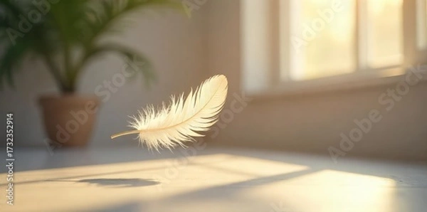 Fototapeta A single, delicate feather floats gently in a sunlit room, creating a serene and airy atmosphere  Perfect for home decor, minimalist design, and nature-inspired projects ,  soft light,  texture