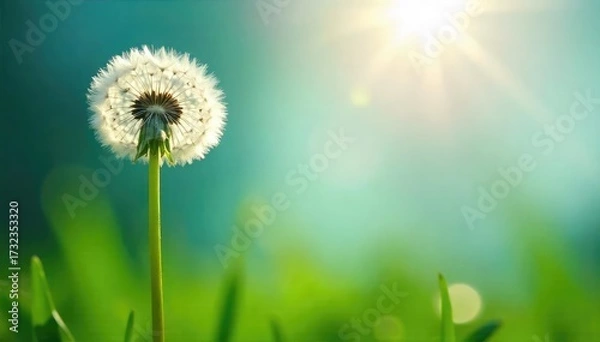 Fototapeta A single, fragile dandelion seed head poised on a bright, sunlit green stem, symbolizing hope and the promise of new beginnings against a blurred natural background , spring, future