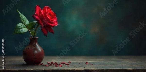 Fototapeta A single red rose wilts in a cracked vase, symbolizing the decay of a deceitful relationship; a poignant image of betrayal and lost affection ,  secret,  vulnerable,  love