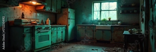Fototapeta A sinister kitchen scene, featuring decaying food, rusty appliances, and unsettling shadows  The overall mood is dark, creepy, and unnervingly ominous ,  filth,  nightmare
