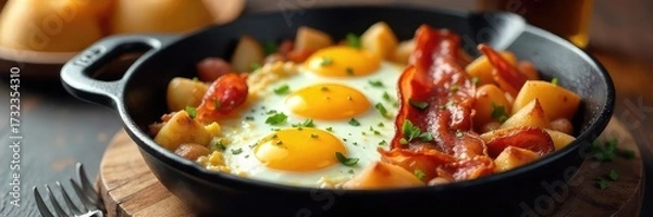 Fototapeta A sizzling skillet of brunch favorites, eggs, bacon, sausage, and potatoes, ready to be served  Perfect for a lazy weekend morning , table, greasy, hot