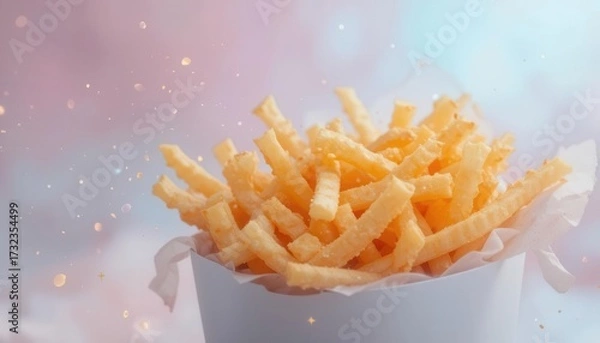 Fototapeta Subtle Pastel Colors of French Fries in a White Box  Creating a Dreamlike and Gentle Aesthetic on a Light Background