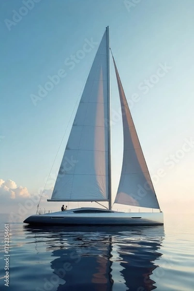 Fototapeta A sleek, modern sailboat with innovative steel sails catching the wind, demonstrating futuristic nautical design The reflective surface of the steel reflects the sky and water , wave, innovation