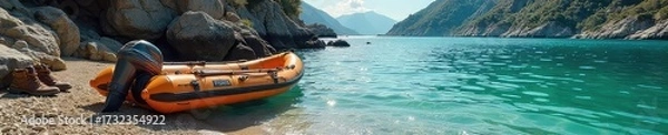 Fototapeta A small inflatable boat is beached on a rocky shoreline, hiking boots and backpacks nearby, suggesting an adventurous journey combining water and land travel , ocean, paddle, outdoors