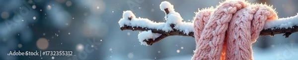 Fototapeta A soft, knitted scarf draped over a snow-covered branch, gently falling snowflakes adding a touch of winter magic Perfect for holiday and winter themes , natural, snowy scene, holiday