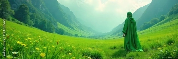 Fototapeta A solitary figure clad in green amidst a vibrant natural landscape, conveying serenity and solitude The image features a single splash of green against a contrasting backdrop , shadow, stillness