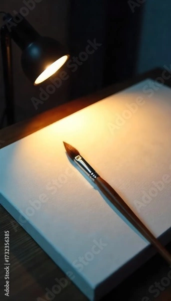 Fototapeta A solitary paintbrush rests on a blank canvas, bathed in the soft glow of a single lamp  The scene evokes a sense of quiet contemplation and creative solitude  ,  inspiration,  lamp