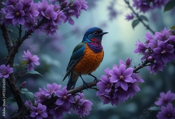 Obraz A dark academia themed illustration of a colorful bird on a branch heavy with deep purple blossoms.
