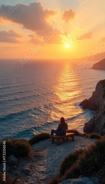 Fototapeta A solitary seat overlooks a vast, tranquil ocean, bathed in the golden light of sunset The scene evokes peace and serenity, perfect for travel or relaxation themes , escape, awesome, horizon