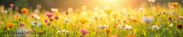 Fototapeta A sun-drenched field of wildflowers swaying gently in the breeze, embodying serenity and joy Perfect for illustrating concepts of contentment, peace, and inner happiness , flowers, joy