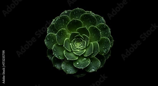 Fototapeta Green Succulent Plant with Water Droplets on Dark Background