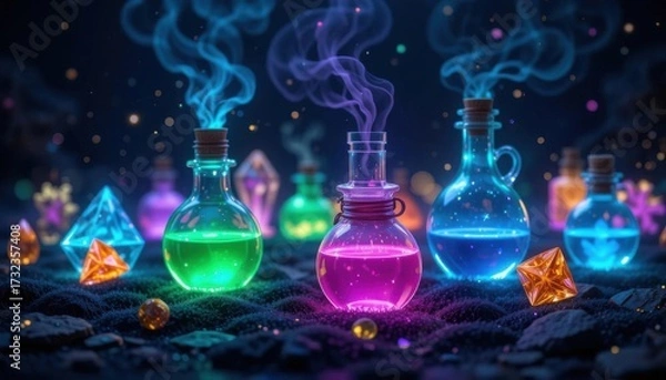 Fototapeta Potions and Gems Glowing with Radioactive, Neon Light Against a Dark Field.