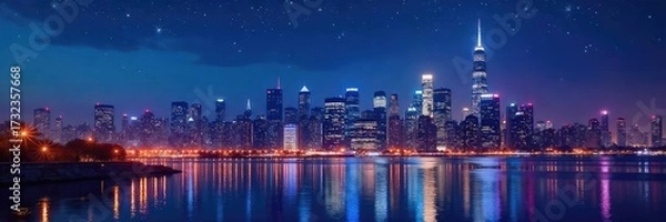 Fototapeta A vibrant city skyline at night, twinkling stars reflecting in the illuminated cityscape, creating a magical atmosphere of urban nightlife , magical, twinkling