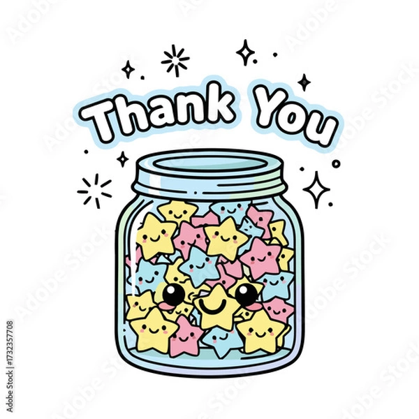 Fototapeta Cute kawaii jar filled with colorful smiling star shapes and the text thank you surrounded by sparkling stars