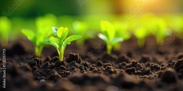 Fototapeta A vibrant close-up of freshly planted seedlings emerging from rich soil, bathed in the warm spring sunlight  New life bursts forth in a garden bed, promising a bountiful harvest ,  harvest,  leaves