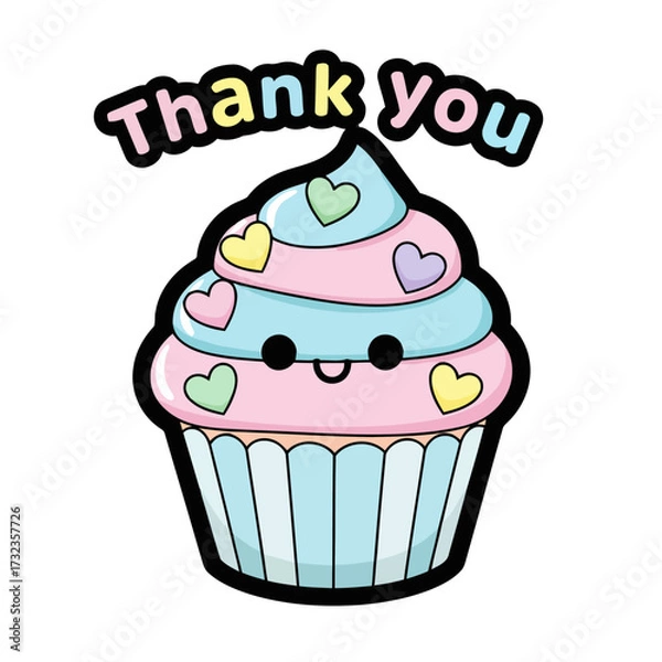 Fototapeta Adorable cartoon cupcake with swirled frosting, colorful hearts, and the text thank you